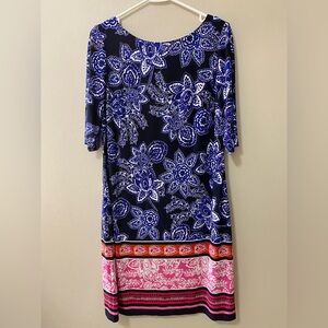 Eliza J shift dress multicolor floral scarf print size 12 short sleeve modest
